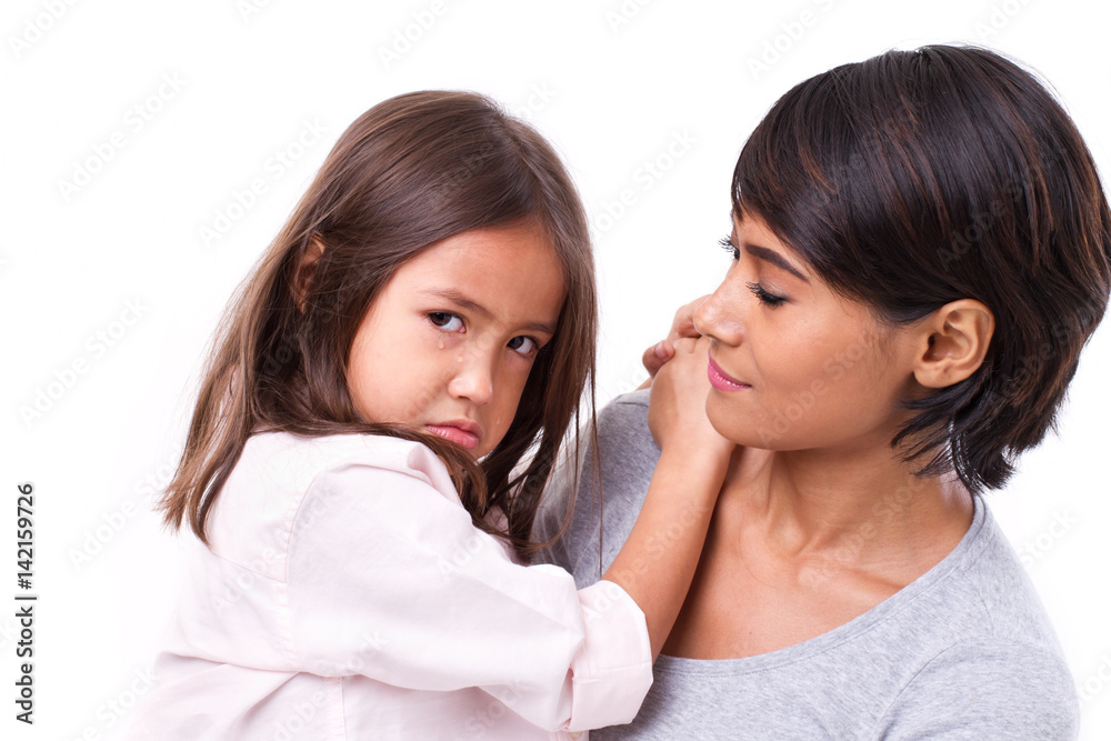 frustrated, crying daughter with her well-caring mother, concept of good caring family frustrated, crying daughter with her well-caring mother, concept of good caring family