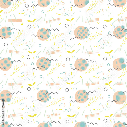 Trendy geometric elements memphis card. Pattern for tissue and postcards. Spring poster, blue and pink color background. Vector illustration