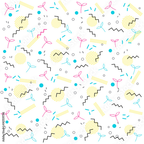 Trendy geometric elements memphis card. Pattern for tissue and postcards. Spring poster, blue and pink color background. Vector illustration