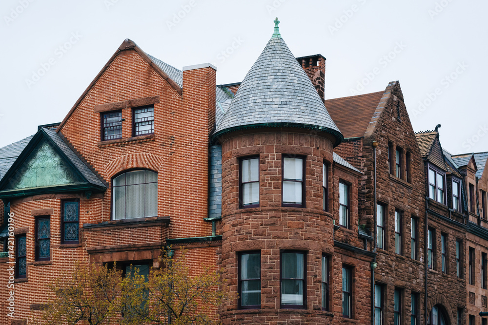 Historic buildings at the intersection of Charles Street and Biddle Street, in Mount Vernon, Baltimore, Maryland.