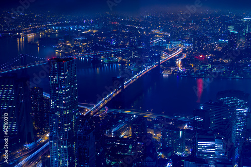Night Aerial View of New York City and the East-River Bridges