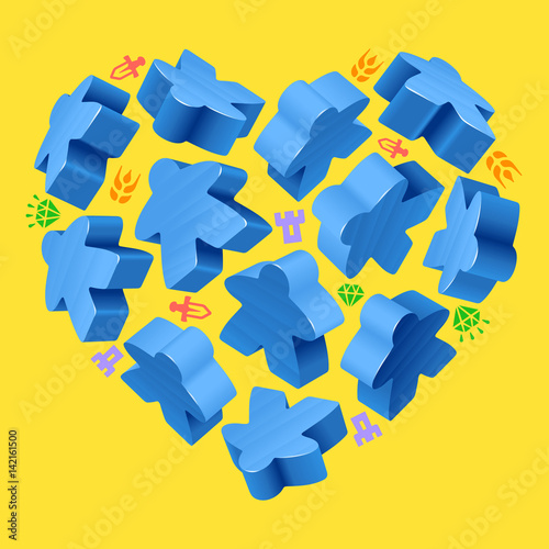 Vector game pieces in the shape of heart. Blue wooden meeples, and resources counter icons isolated on yellow background. Concept of love by board games