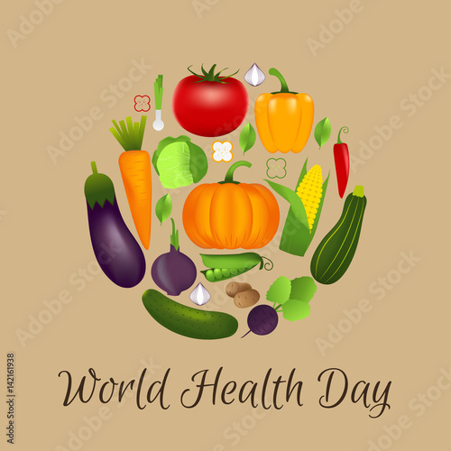 World health day concept with vegetables . Advertisement of  healty lifestyle and vegan food. People healthcare. Vector circle illustration.