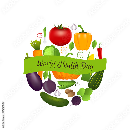 World health day concept with vegetables . Advertisement of  healty lifestyle and vegan food. People healthcare. Vector circle illustration.