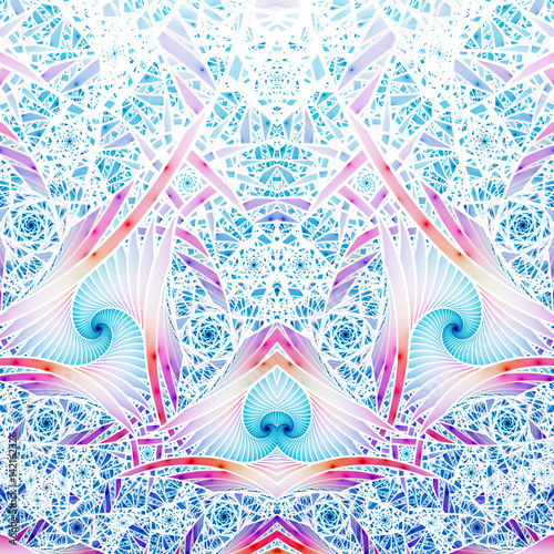 Abstract intricate blue and pink mosaic ornament. Fantasy fractal background. Digital art. 3D rendering.