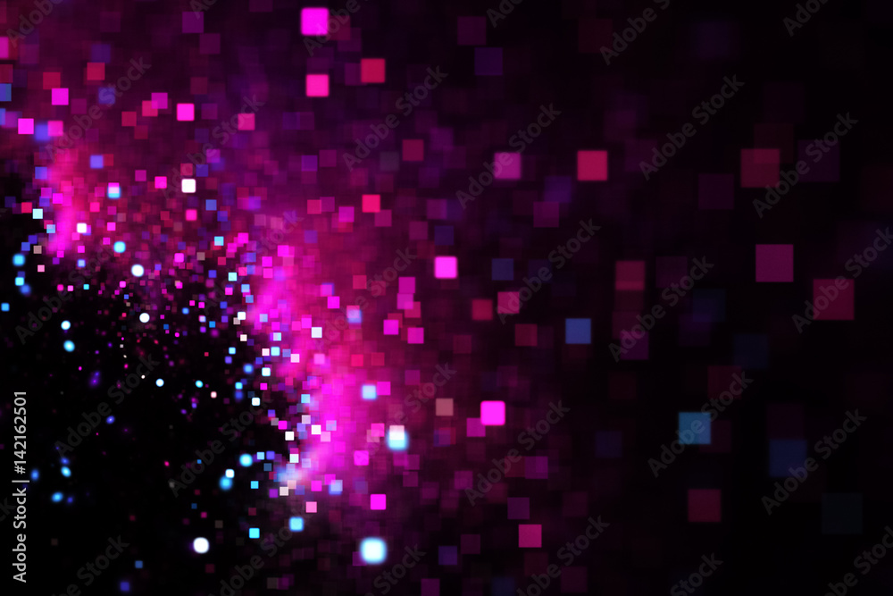 Abstract pink and blue square bokeh on black background. Fantasy fractal texture. Digital art. 3D rendering.