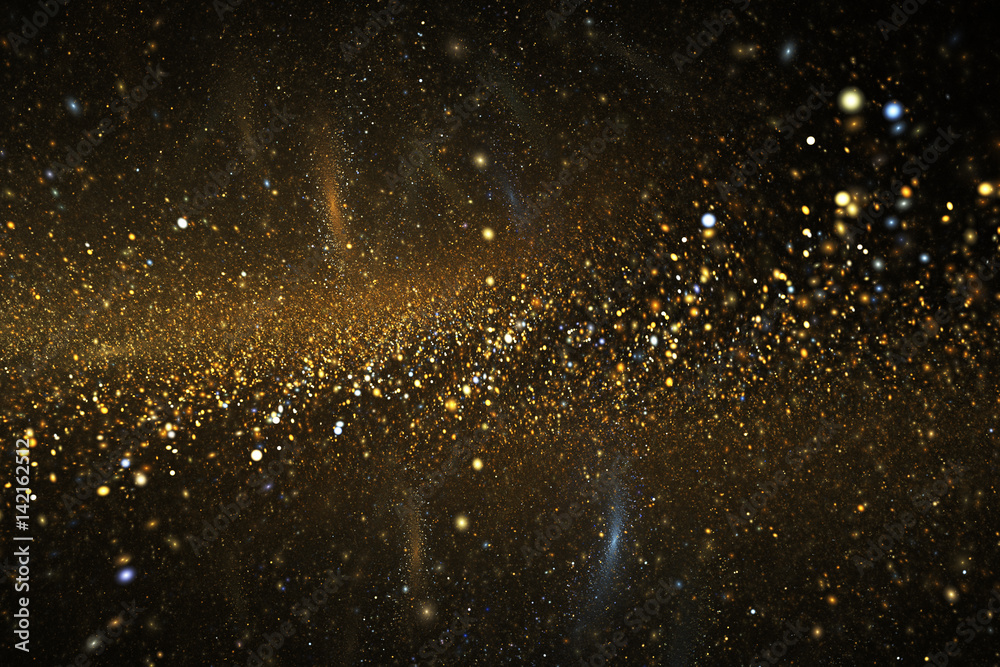 Abstract golden sparkles on black background. Fantasy fractal texture. Digital art. 3D rendering.