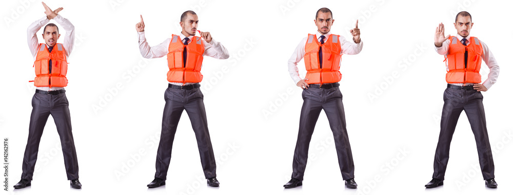 Obraz premium Businessman with rescue safety vest on white