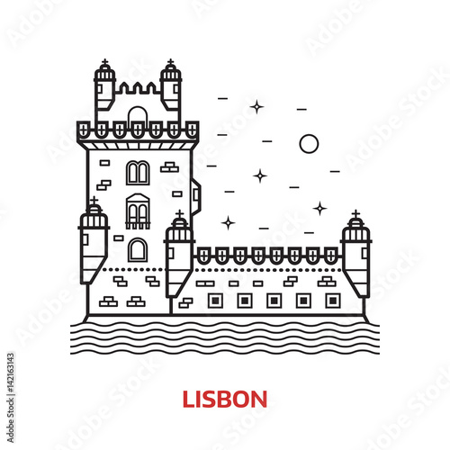 Travel Lisbon landmark icon. Belem tower is one of the famous tourist attractions in the capital of Portugal. Thin line portuguese sea fortress vector illustration in outline design.
