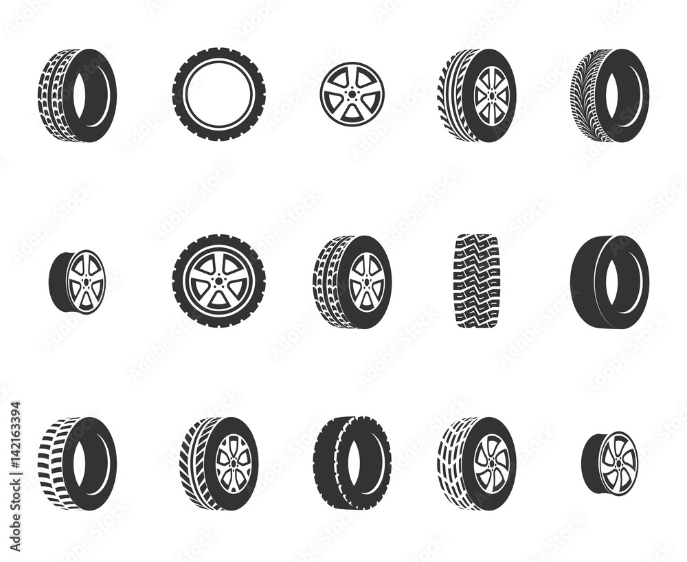 Tires, wheel disks auto service vector icons - obrazy, fototapety, plakaty 