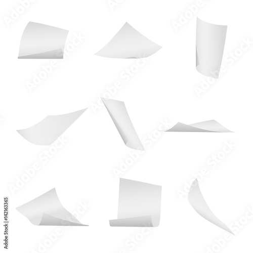 Flying, falling office white paper sheets vector set