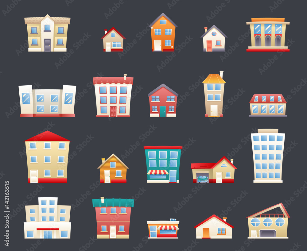 Modern trendy retro house street flat icons set vector illustration