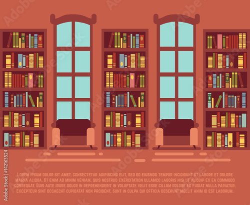 Modern library empty interior with bookcase, bibliotheca with bookselves vector illustration