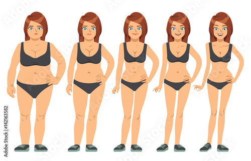Girl, young woman before and after diet and fitness. Weight loss steps vector illustration