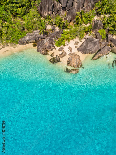 Aerial photo of tropical Seychelles beach at La Digue island
