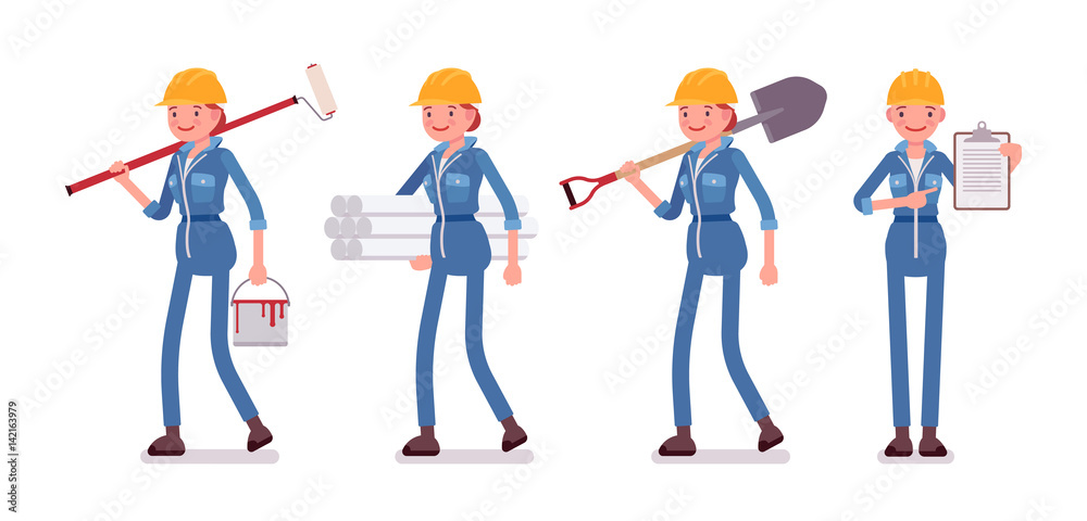 Set of female worker with different tools Set of female worker with different tools