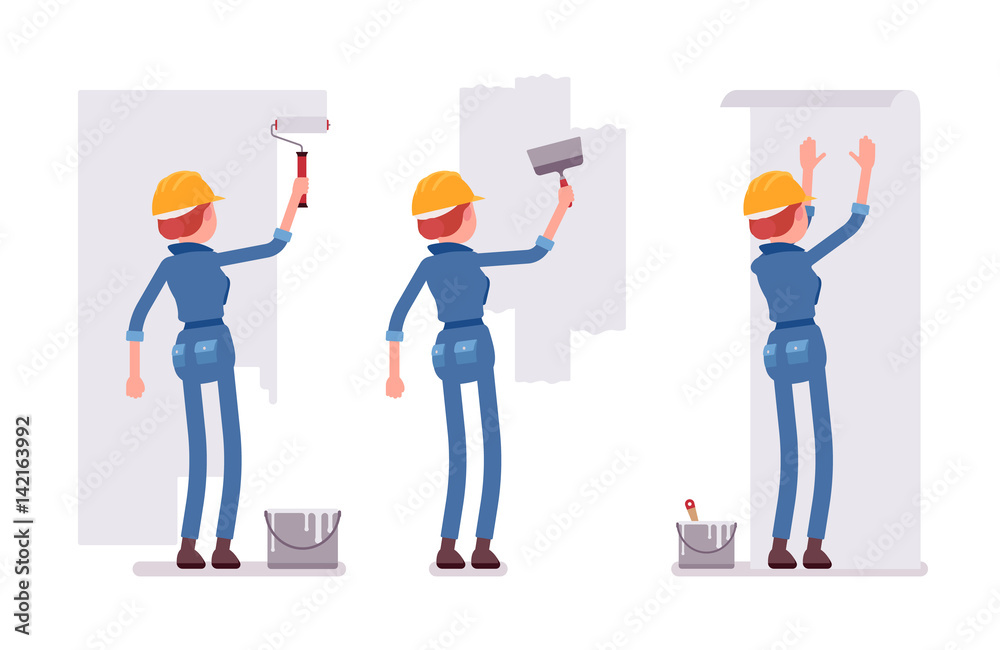 Set of female worker working with walls Set of female worker working with walls