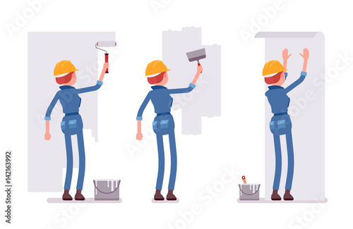 Set of female worker working with walls
