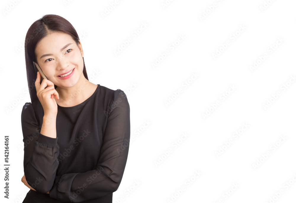 asian young happy smiling woman talking on her cellphone, white background asian young happy smiling woman talking on her cellphone, white background