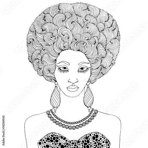 Vector African girl with magnificent curly afro hairstyle. Patterned illustration for coloring pages. Isolated on white background