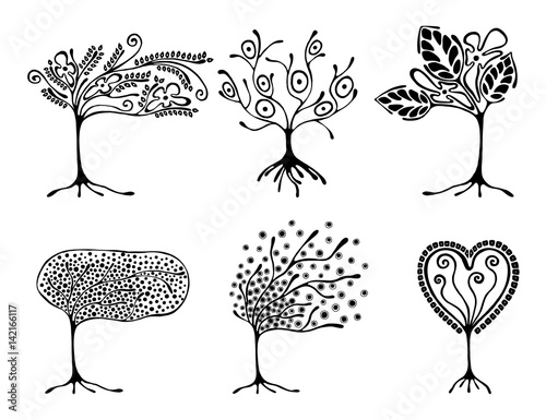 Vector set of hand drawn illustration, decorative ornamental stylized tree. Black and white graphic illustration isolated on the white background. Inc drawing silhouette.