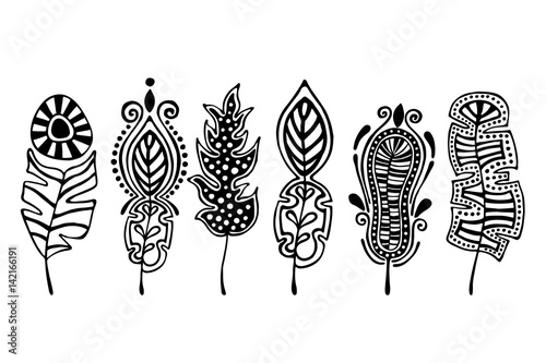 Vector set of hand drawn illustration, decorative ornamental stylized feather. Black and white graphic illustration isolated on the white background. Inc drawing silhouette.