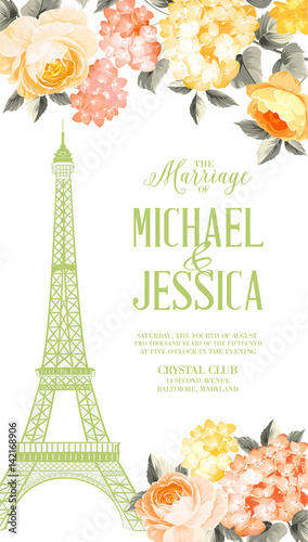 Canvas Print Marriage invitation card with floral garland and calligraphic text