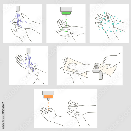 Wash hands and apply disinfectant vector instruction