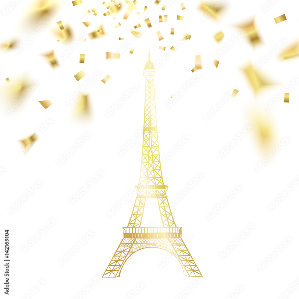 Eiffel tower and falling confetti. Vector illustration.