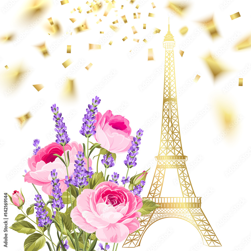 Confetti with eiffel tower. Eiffel tower and falling confetti. Golden confetti falls isolated over white background. Vector illustration.
