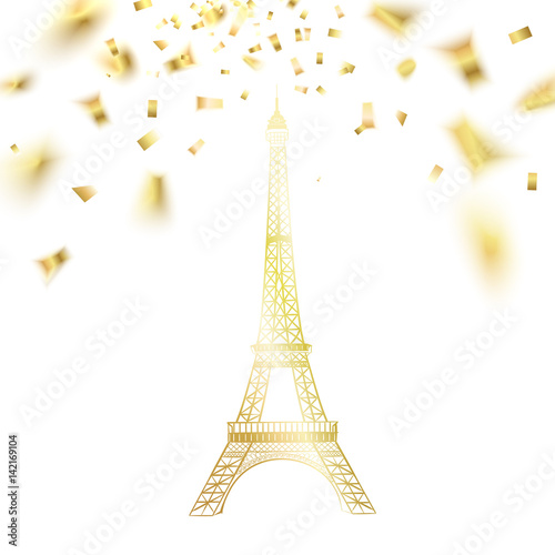 Eiffel tower and falling confetti. Vector illustration.