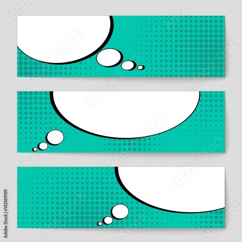 Abstract creative concept vector comic pop art style blank, layout template with clouds beams and isolated dots background. For sale banner, empty speech bubble set, illustration halftone book design.