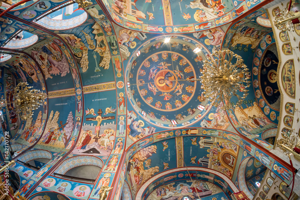 Fisheye view on beautiful St. Paraskeva church interior with dome painted by icons. Kondariotissa, Pieria, Greece.