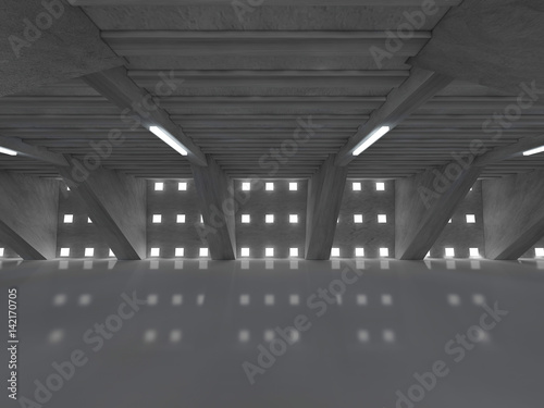 Dark empty room interior with lamps. 3D rendering