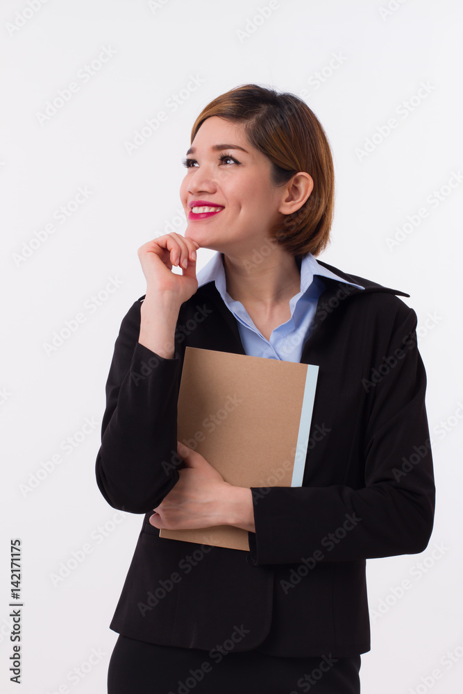 happy businesswoman, secretary, accountant looking up
