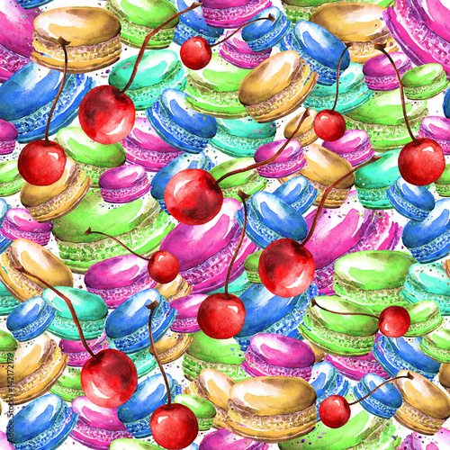 Seamless vintage pattern with watercolor. Tasty colorful macaron. Use for design, postcards, posters, packaging, invitations and other.
