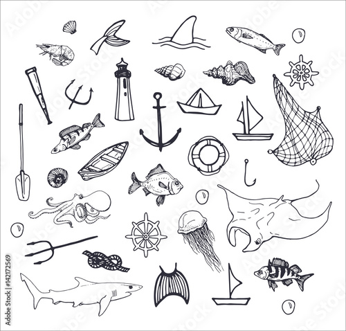 hand drawn fishing and sea isolated elements on white background