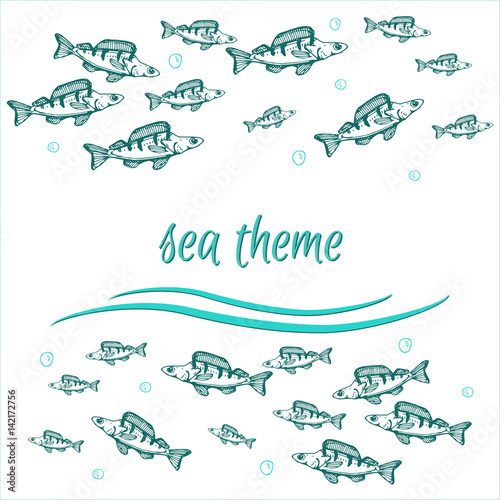 sea and river theme template for invitation, banner or card with perch and bubbles colored in blue. place for text