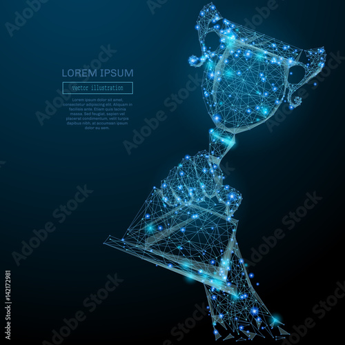Abstract image of a champion cup in hand in the form of a starry sky or space, consisting of points, lines, and shapes in the form of planets, stars and the universe. Vector business wireframe concept