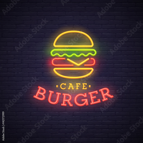 Burger neon sign, bright signboard, light banner. Burger logo, emblem