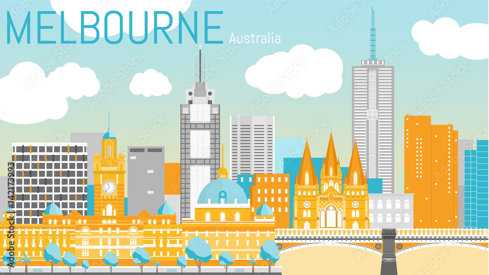 Fototapeta premium Melbourne city flat vector illustration.