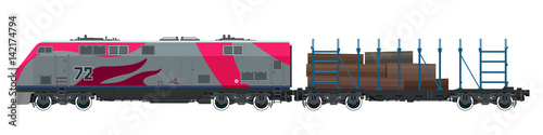 Pink Locomotive with Railway Platform for Timber Transportation, Train on White Background, Railway and Cargo Transport, Vector Illustration