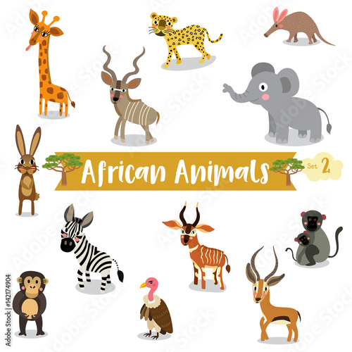 African Animals cartoon on white background, Vector illustration. Set 2.