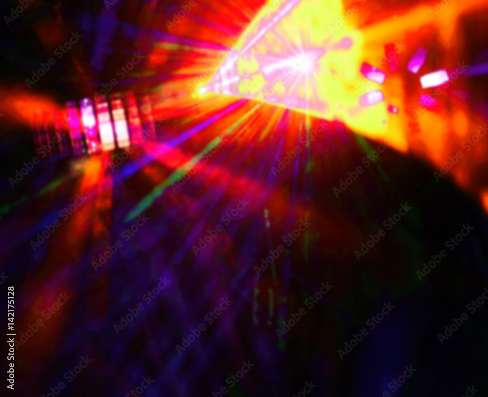 Lighting disco with bright beams of searchlight, laser show.