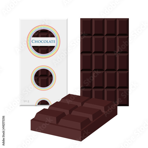 Black chocolate bar. Cacao label package. Sweet milky product