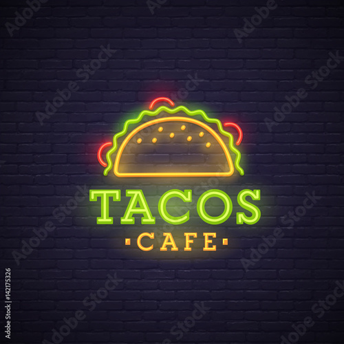 Tacos neon sign, bright signboard, light banner. Tacos logo, emblem