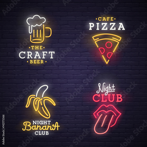 Set neon sign. Neon sign, bright signboard, light banner. 