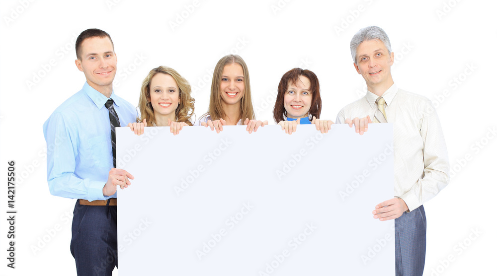 group of business people holding a banner ad isolated on the white group of business people holding a banner ad isolated on the white