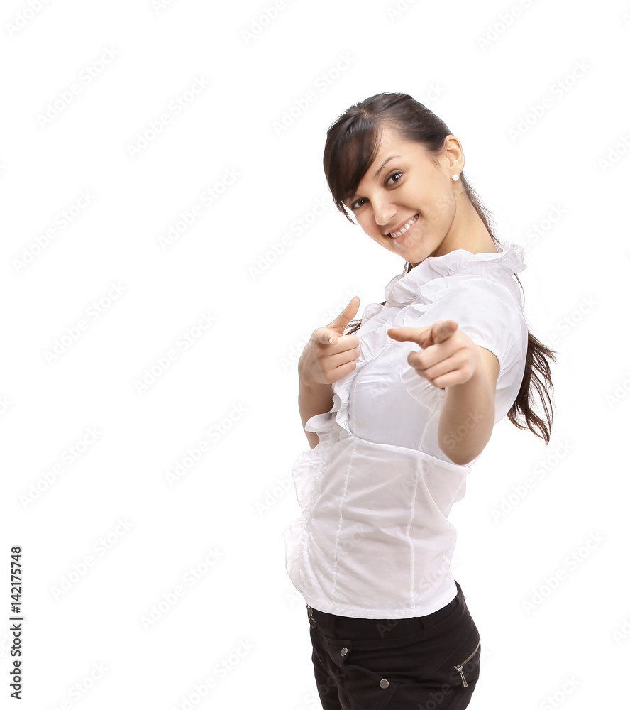 Beautiful business woman showing a finger at you, standing on a white background Beautiful business woman showing a finger at you, standing on a white background
