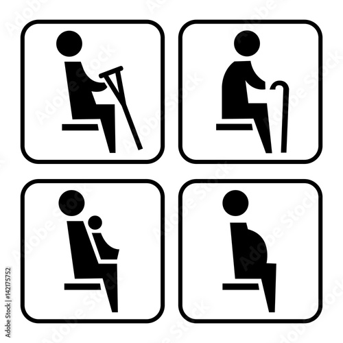 Pictogram icons set: disability, elderly, pregnant and woman with baby. Priority seating signs in transport. Vector illustration